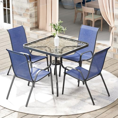 Arlopu 5 Piece Outdoor Patio Dining Set (Umbrella not Included), Porch Furniture with 4 Textline Chairs, 1 Square Glass Table for Garden, Backyard and Poolside, Lawn (Navy Blue)