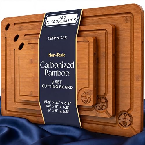 Pre-Oiled, Non Toxic 3-Piece Carbonized Bamboo Cutting Board Set, Eco-Friendly Wooden Chopping Boards for Kitchen with Hanging Hole, 500°F Carbonized Technology Charcuterie Serving Boards Deer & Oak