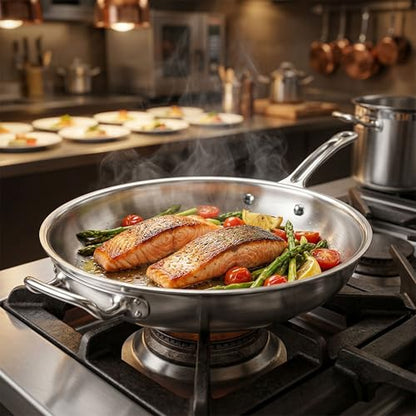 16" Stainless Steel Frying Pan, Tri-Ply Steel With Aluminum-Clad Bottom, Helper Handle, Induction Gas And Electric Compatible, Skillet Saute Pan For Omelette Pancake Egg