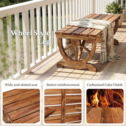 Outvita 39'' Outdoor Wooden Bench, 2-Person Rustic Wagon Wheel Bench with Slatted Seat and Carbonized Fir Wood Construction, Weather-Resistant Garden Bench for Patio, Porch and Backyard(Light Brown)