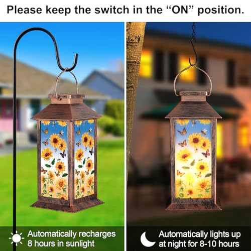 Solar Lantern Outdoor Waterproof Sunflower Butterfly Garden Decor Birthday Gifts for Women Mom and Grandma Solar LED Plastic Decorative Hanging Light for Yard(Sunflower Butterfly)