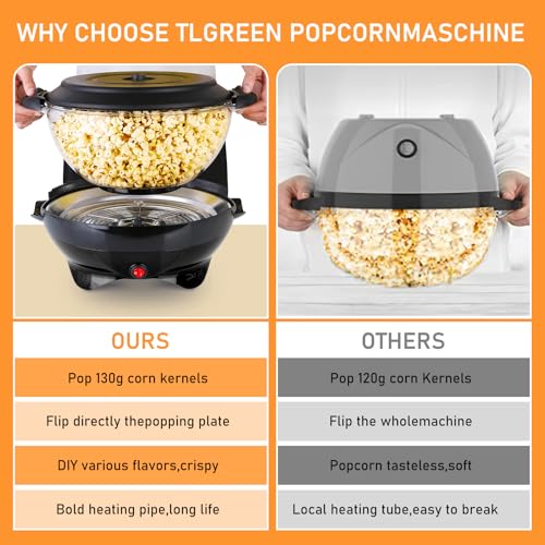 TLGREEN 6 Quart Popcorn Machine, Stir Crazy Popcorn Popper Machine (Black)