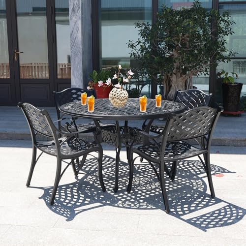 PATIO-IN 5 Pieces Cast Aluminium Patio Dining Set for 4-6 Person,Round 48" Patio Table and Chairs Set of 4 with 2.3" Umbrella Hole,Outdoor Patio Furniture Dining Set for Porch Backyard Deck, Black