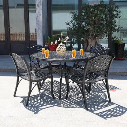 PATIO-IN 5 Pieces Cast Aluminium Patio Dining Set for 4-6 Person,Round 48" Patio Table and Chairs Set of 4 with 2.3" Umbrella Hole,Outdoor Patio Furniture Dining Set for Porch Backyard Deck, Black
