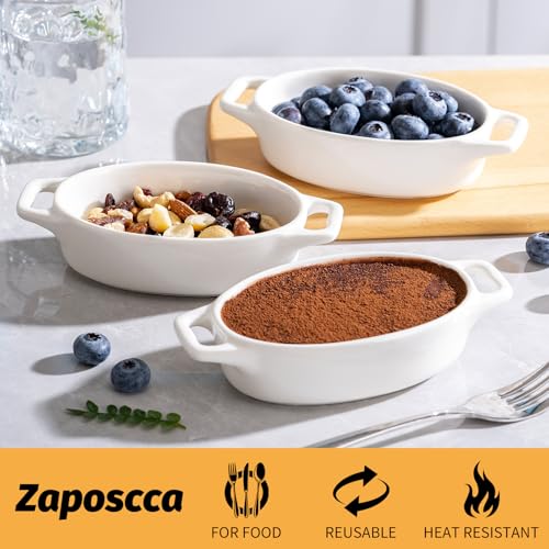 Zaposcca 4-Pack Oval Creme Brulee Ramekins, 4 oz Mini Porcelain Souffle Dish, Ramekins Oven Safe with Double Handles (White)