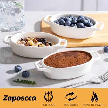 Zaposcca 4-Pack Oval Creme Brulee Ramekins, 4 oz Mini Porcelain Souffle Dish, Ramekins Oven Safe with Double Handles (White)
