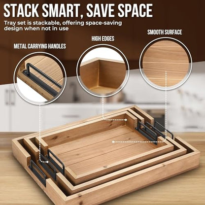 Flexzion Rustic Wooden Serving Trays Set of 3 with Handles, Stackable Fir Wood Ottoman Tray for Coffee Table, Breakfast in Bed, Charcuterie, Snacks, Drinks, Food Serving & Home Decor, Brown