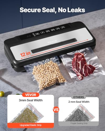 VEVOR Vacuum Sealer Machine, 80Kpa 120W Powerful Compact Food Sealer, 7-in-1 Multi-Functional Food Vacuum Sealer, Automatic Air Sealing System with Built-in Cutter with 10 Vacuum Bags & 1 Bag Roll