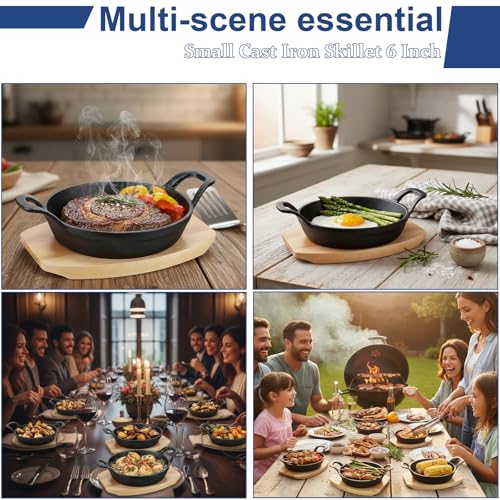 4 Sets Mini Cast Iron Skillet, 6.3 Inch Small Cast Iron Skillets with Wooden Base, Round Mini Pan Fajita Plate Iron Pan Pot, Heavy Duty Cast-iron Cookware for Baking, Frying, Cooking, Serving & More