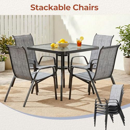 TLSUNNY 5 Pieces Patio Dining Set for 4, Glass Table and Textilene Chair