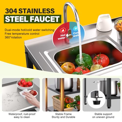 Outdoor Kitchen Island with Sink,36''H Stainless Steel Utility Sink,3T Heavy Duty Pizza Oven Table,Metal BBQ & Grill Stand,Outdoor Cooking Prep Table Freestanding Laundry Sink for Backyard Garage