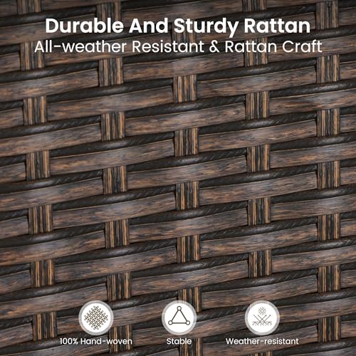 PHI VILLA 5 Pieces Outdoor Dining Set with Umbrella for 4, 37" Square Metal Dining Table & 4 Cushioned Wicker Rattan Chairs with 10ft Beige Umbrella for Patio, Deck, Yard, Porch