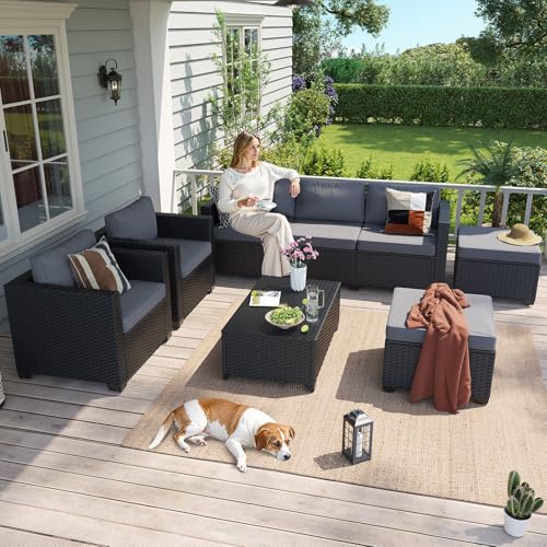 Aoxun 8 Piece Outdoor Patio Furniture Set 7 Seats, Outdoor Sectional with Waterproof Cushions, Patio Conversation Sets for Garden,Backyard, Deck, Porch, Black & Grey