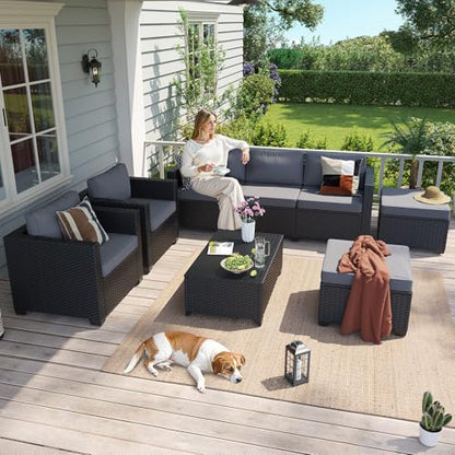 Aoxun 8 Piece Outdoor Patio Furniture Set 7 Seats, Outdoor Sectional with Waterproof Cushions, Patio Conversation Sets for Garden,Backyard, Deck, Porch, Black & Grey