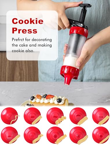 Cookie Press Set, Churro Maker with 12 Discs and 10 Cake Decorating Tips, Cookie Press for Biscuit and Churro, Red