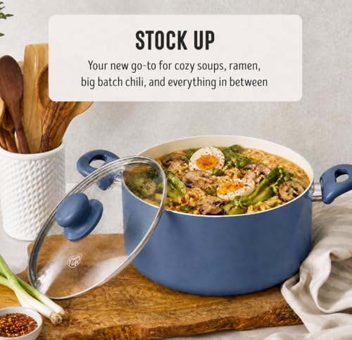 GreenLife 5 Quart Nonstick Stock Pot with Lid, Non-Toxic Ceramic Pot, Dishwasher Safe, Induction Ready, Fast Heating, Stay-Cool Handles, Kitchen Casserole, Soup, Pasta, Easy Clean, Slate Blue