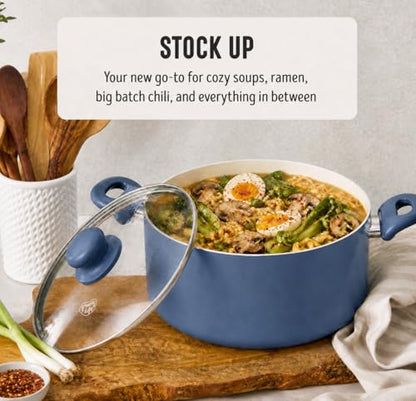 GreenLife 5 Quart Nonstick Stock Pot with Lid, Non-Toxic Ceramic Pot, Dishwasher Safe, Induction Ready, Fast Heating, Stay-Cool Handles, Kitchen Casserole, Soup, Pasta, Easy Clean, Slate Blue