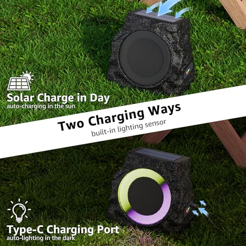 uuffoo 2-Pack Rock Speakers Outdoor Waterproof with RGB Color Lights Multi-Sync Up to 100 Speakers,Auto-Pairing,Solar-Powered and USB Charging for Patio Pool Party Yard Garden Outside