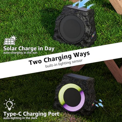 uuffoo 2-Pack Rock Speakers Outdoor Waterproof with RGB Color Lights Multi-Sync Up to 100 Speakers,Auto-Pairing,Solar-Powered and USB Charging for Patio Pool Party Yard Garden Outside
