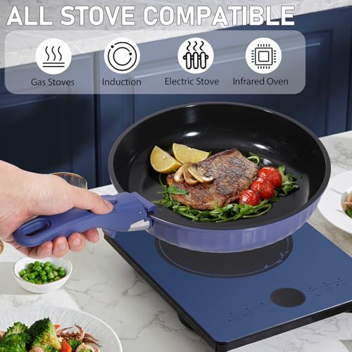 Vivicreate 11 Piece Pots and Pans Set Nonstick with Removable Handle, Induction Cookware, Stackable Kitchen Set for RV Camping Apartment, Frying Pan and Saucepan (Blue)