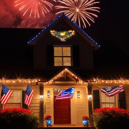 23" American Eagle Metal Wall Art with Solar Lights Outdoor - 4th of July Decorations Outdoor | Led-lit Patriotic Sculpture with American Flag | Solar Powered Independence Day Decor for Yard & Porch
