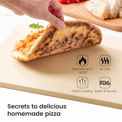 ROCKSHEAT Pizza Stone Set, 15"x12" Rectangular Pizza Stone for Oven Grill BBQ with Wooden Pizza Peel & Oven Mitts, Cordierite Baking Stone for Bread, Unique Built-in 4 Handles Cooking Stone