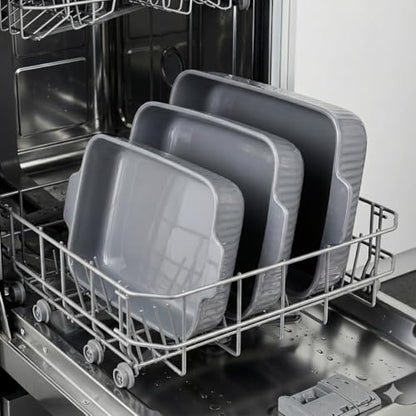 Yachi Ceramic Casserole Dishes for Oven Set of 3 Pcs Rectangular Bakeware Set with Handle for Steak Beef Baking Pan Roast Chicken spaghetti Lasagna Pan vegetables Microwave Oven and Dishwasher Safe Gray (14.8''/12.7''/9.8'')