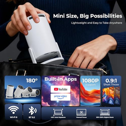 [Built-in Apps] CLOKOWE Mini Projector with WiFi and Bluetooth, 2026 Upgraded 1080P Smart Portable Projector with 180° Rotation, Auto Keystone, Compatible with iPhone/Android/Laptop/TV Stick/HDMI/USB
