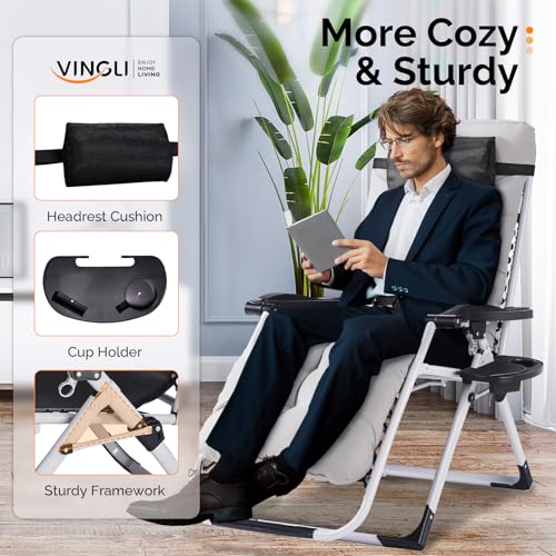 VINGLI Padded Zero Gravity Chair, Lounge Chair with Removable Cushion & Tray， Folding Reclining Patio Chairs， Recliner Chair for Lawn，Indoor and Outdoor