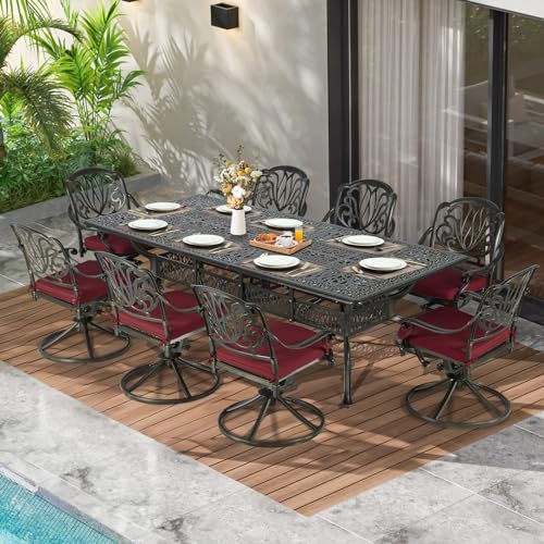 MEETWARM 9-Piece Outdoor Patio Dining Set for 8, All Weather Cast Aluminum Patio Funiture Table and Chairs Set- 94.5” Rectangular Table and 8 Cushioned Swivel Rocker Chairs, Umbrella Hole, Chili Red