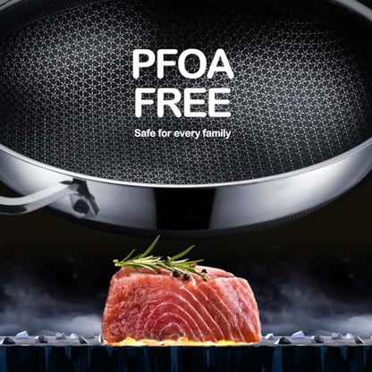 DOTCLAD Wok pan,Hybrid 13 inch Wok with Lid, PFOA Free Cookware,non stick Stainless Steel Woks & Stir-fry pans Nonstick, Dishwasher and Oven Safe, Works on Induction