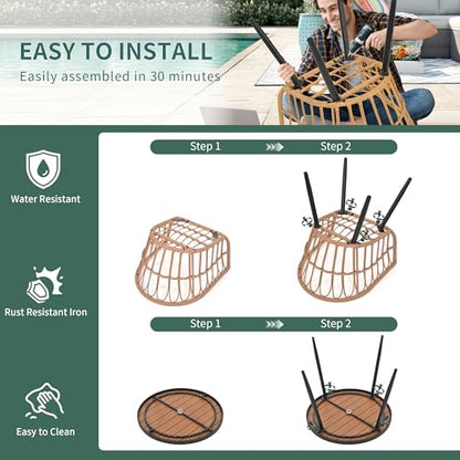 Pamapic 5-Pieces Patio Dining Set with Wood Table Top, All-Weather PE Rattan Patio Furniture Set, Outdoor Dining Furniture with Removable Cushion Chairs & Round Table for Garden Lawn Patio,Cream