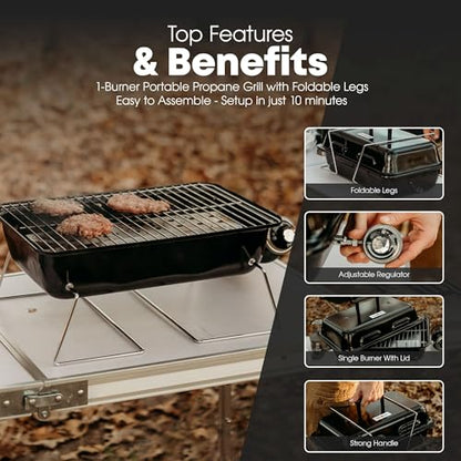 GasOne GPT-25 Propane Burner Gas Grill with Foldable Legs – Portable Grill Propane BBQ Grills with Adjustable Regulator – Heavy Duty Metal Construction – Easy to Assemble, Compact Foldable Design