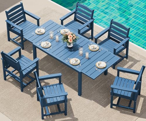 SERWALL 7-Piece Patio Dining Sets, 60" - 83" Expandable Outdoor Dining Table and 6 HDPE Chairs, All Weather HDPE Outdoor Furniture Set for Backyard, Garden, Blue