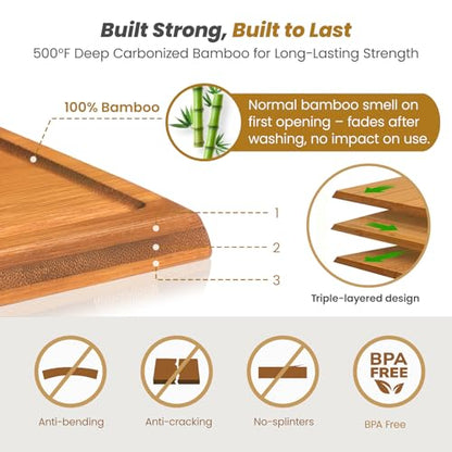 Bamboo Cutting Board Set with Stand, 3PCS Double-Sided Chopping Boards for Kitchen Meal Prep & Serving, Charcuterie, Juice Grooves & Side Handle, Ideal for Meat, Vegetables, Kitchen Essentials, Brown