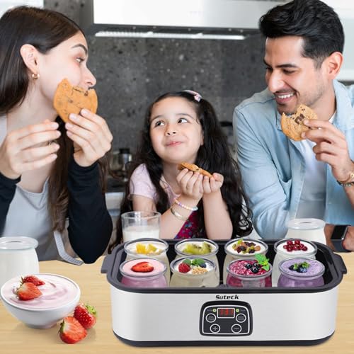 Suteck Yogurt Maker with 8 Glass Jars, Time & Temp Adjustable Control Yogurt Machine, Homemade Greek & Probiotic Yogurt, Automatic Shut-Off, BPA-Free, 48 oz Total, Black