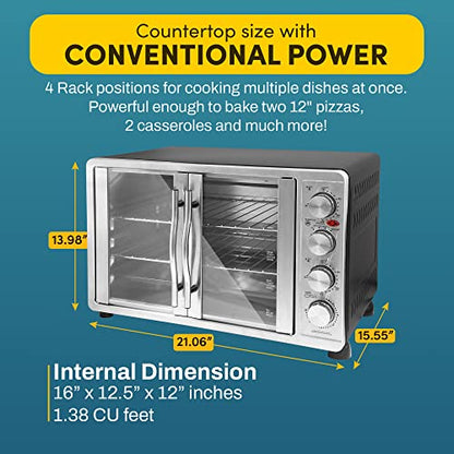Elite Gourmet ETO4510MX French Door 47.5Qt, 18-Slice Convection Oven 4-Control Knobs, Bake Broil Toast Rotisserie Keep Warm, Includes 2 x 14" Pizza Racks, Stainless Steel