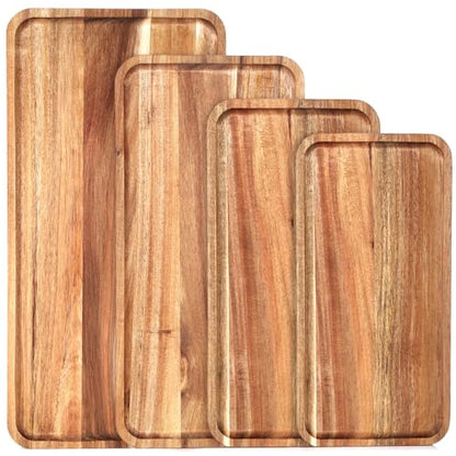 Leinuosen 4 Set Acacia Wooden Serving Platter Solid Wood Serving Trays Rectangular Charcuterie Boards Steak Wooden Plates for Entertaining Party Display Cheese Appetizer (10x5/12x6/14x7/16x8 in)