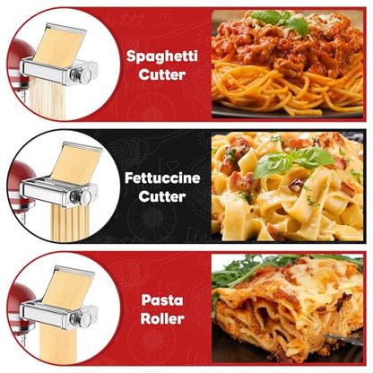 3-in-1 Pasta Attachment for KitchenAid Stand Mixer, Stainless Steel Pasta Maker for KitchenAid Mixer Attachments, Pasta Maker Includes Pasta Roller, Spaghetti & Fettuccine Cutter by Cofun