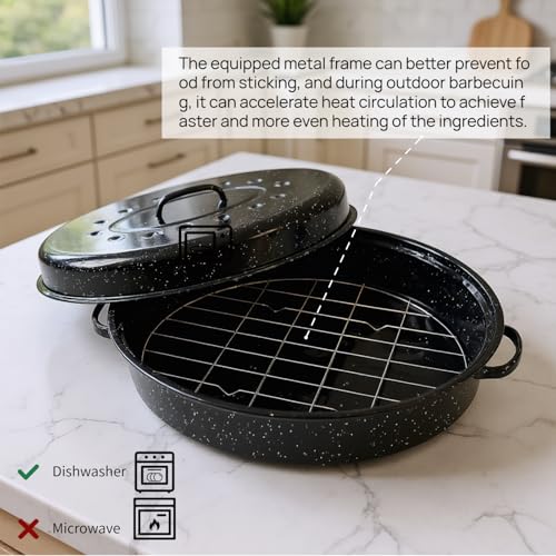 Oval Roasting Pan with Lid and Rack 18" Large Roaster Pan Set Comes With Lron Rack Enamel Cook Ware Dishwasher Compatibility Granite Oven Roaster