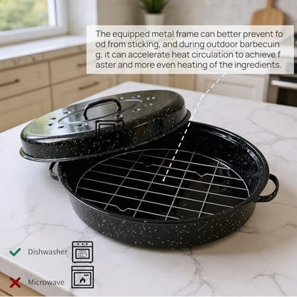 Oval Roasting Pan with Lid and Rack 18" Large Roaster Pan Set Comes With Lron Rack Enamel Cook Ware Dishwasher Compatibility Granite Oven Roaster