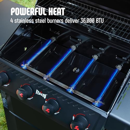 Feasto 4-Burner Gas BBQ Grill with Side Tables, 36,000 BTU Outdoor Propane Grill with Premium Enameled Coated Chamber Body & Porcelain-Enameled Stamped Grates for Deck Party & Patio BBQ, Black
