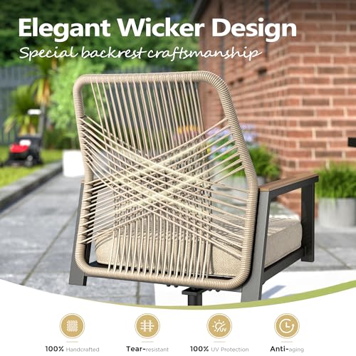 MIXPATIO 9 Pieces Outdoor Patio Dining Set, 57.5“ Metal Square Table with Umbrella Hole, 8 x Rope Rattan Swivel Chairs with 3.2" Cushion for Yard, Porch, Beige