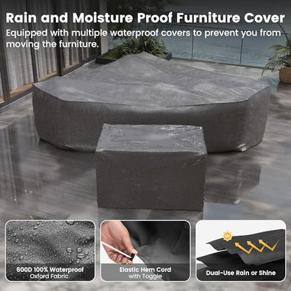 UDPATIO Patio Sectional Sofa with Fire Pit Table, 8 Inch Armrest 7-Piece Wicker Conversation with Waterproof Cover for Backyard Deck, Grey/Dark Grey