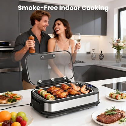 Electactic Smokeless Electric Grill & Griddle for Indoor Cooking, Nonstick Contact Grill with 6-Level Temperature Control, Dishwasher Safe Plates, Auto Shut-Off, Ideal for Kitchen, Apartment, Home