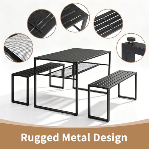 Outvita 49" Metal Patio Dining Set w/Umbrella Hole, Storage Shelf