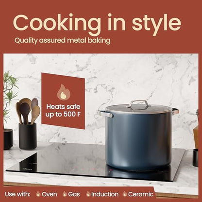 Bakken 12.5 Quart Ceramic Coated Stock Pot with Lid, Easy Clean Nonstick Pot, Tempered Glass Lid, Riveted Stainless Steel Handles, Oven Safe Up To 500°F, PTFE & PFAS Free, All Stove Compatible, Blue