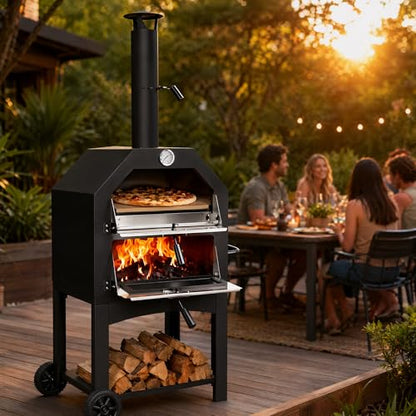 Z1UVDFUR Wood Fired Outdoor Pizza Oven for Patio Backyard Camping, Portable 550°F Pizza Maker with Stone, Peel, Grill Rack & Waterproof Cover for Backyard Camping
