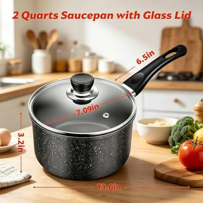 2 Quart Saucepan with Lid, Sauce Pan with Nonstick Swiss Granite Coating, Small Saucepot with Detachable Handle Multipurpose Induction Compatible