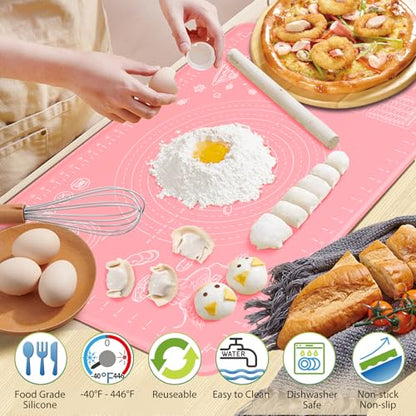 Silicone Pastry Mat 28" x 20" Extra Thick Non Stick Baking Mat with Measurements and Edge Heightening, Food Grade Silicone Rolling Mat for Pastry, Bread, Cookies, Pizza, Fondant, Pasta - Pink